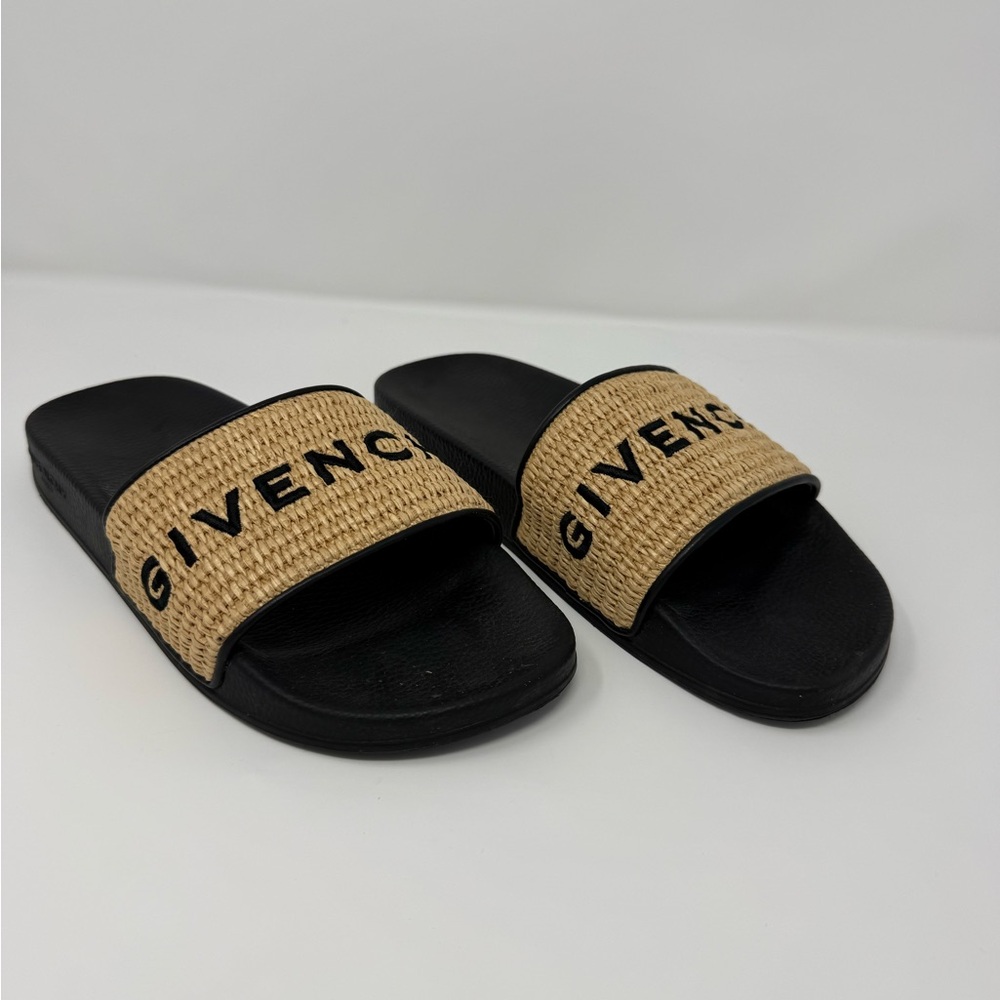 Givenchy Logo Flat Resort Slides with Natural Raffia Like Cotton Strap Size 41
